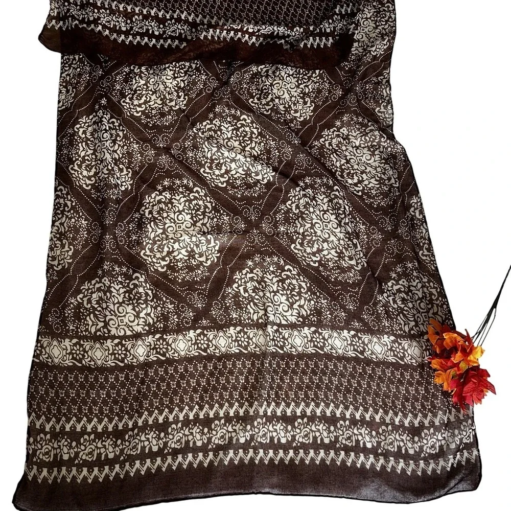 Brown Cream Boho Viscose Pashmina Shawl Wrap Scarf Floral Geometric Print